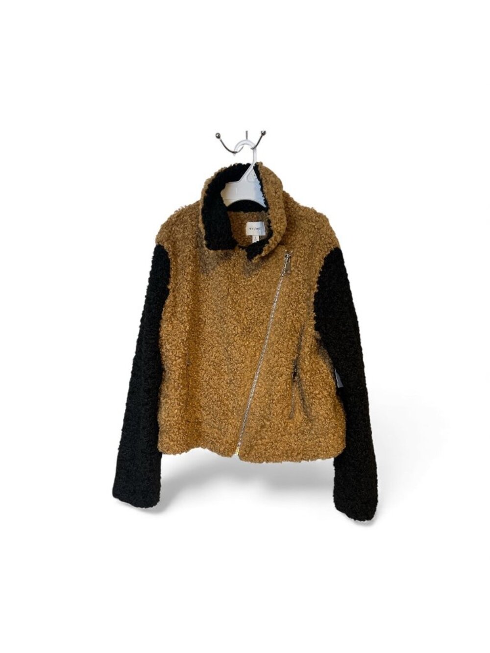 Nine West Sherpa Jacket Womens Large Elmore Tan Moto Coat Angle Zip NEW
